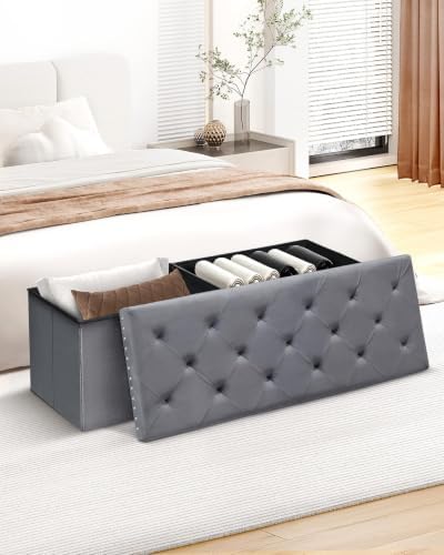 B FSOBEIIALEO Storage Ottoman Bench, 43" Velvet Ottoman With Storage, Grey