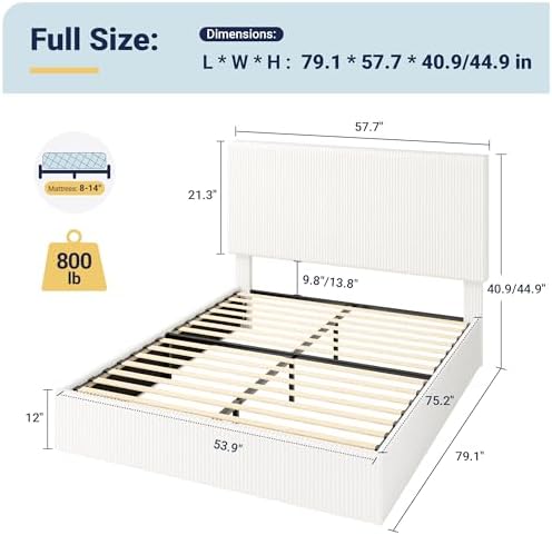 Allewie Full Bed Frame, Adjustable Corduroy Headboard, Platform, White