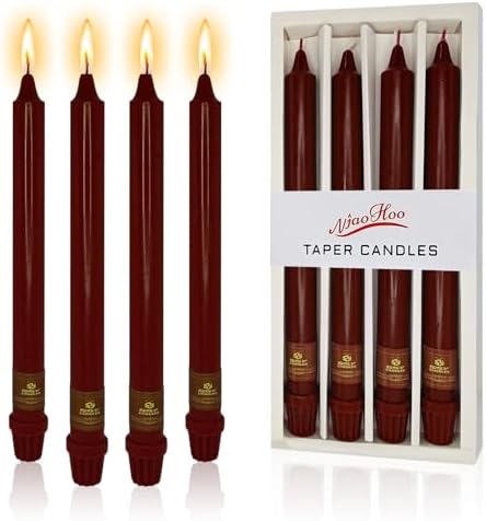 NJAO HOO Burgundy Taper Candle 10 Inch Christmas Candlesticks Red Unscented Dripless Handmade Candles for Home Decor Dinner New Year Party, 4 Pack