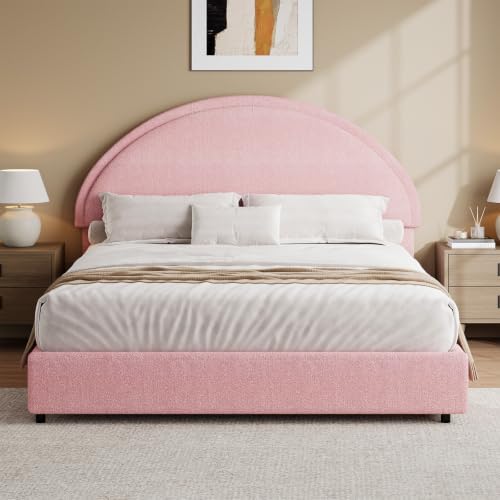 REVOMINCA Queen Bed Frame, Upholstered Platform Bed with Headboard, Boucle Bed Frame with Round Corner, No Box Spring Required, Easy Assembly, Pink