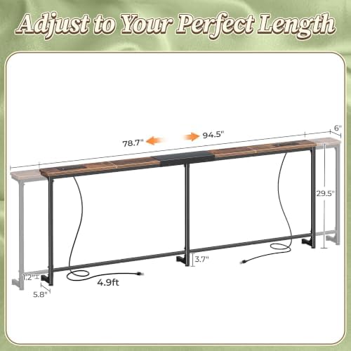 Huuger 78.7-94.5'' Extendable Behind Couch Table with Outlets, Rustic Brown
