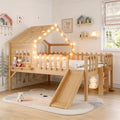 Full Loft Bed with Slide and Ladders, Solid Wood Low Loft Bed with Tray, Lights, Playhouse Roof, House Loftbed Frame for Kids, Boys, Girls, Childlike and No Box Spring Needed Design, Natural