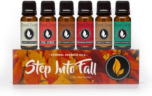 Eternal Essence Oils Step Into Fall Set of 6 Premium Fragrance Oils - Almond Coconut Milk, Fire Amber, Sexy Cinnamon Clove, Reindeer Retreat, Tabacco Vanilla, and Warmths of the Holidays - 10ML