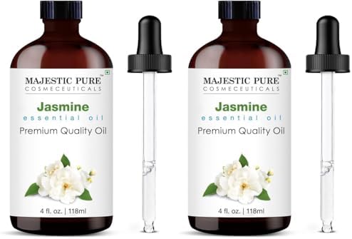 Majestic Pure Essential Oil with Glass Dropper - 100% Pure and Natural - Essential Oils for Diffuser, Aromatherapy, Soap and Candle Making, Jasmine Essential Oil, Jasmine Oil, 4 Fl Oz (Pack of 2)