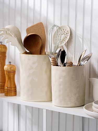 famiware Ceramic Utensil Holder, 7.2"+5.8", Set of 2, Vanilla White