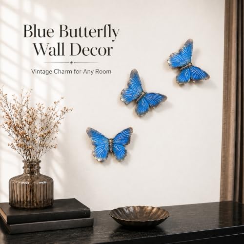 GUSFREUD 3D Butterfly Wall Decor Set – Resin Wall Decor for Living Room, Bedroom, Bathroom, Dining Room, Outdoor and Gallery Walls - Antique Blue - Set of 3