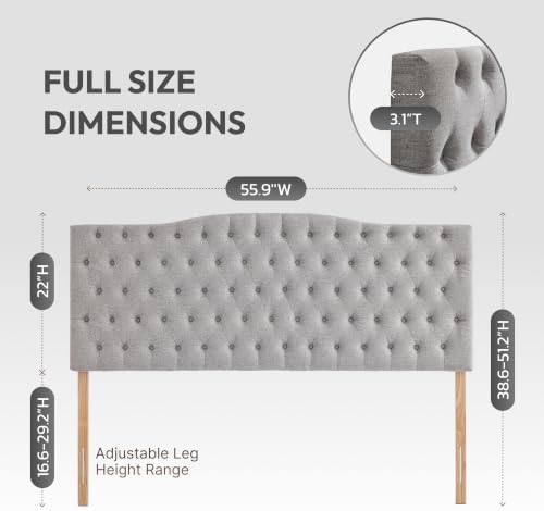 Iroomy Upholstered Full Headboard, Button Diamond Tufted Headboards with Adjustable Height and Solid Wood Leg, Linen Fabric Padded Headboard for Full Size Bed, Mordern Head Board, Grey