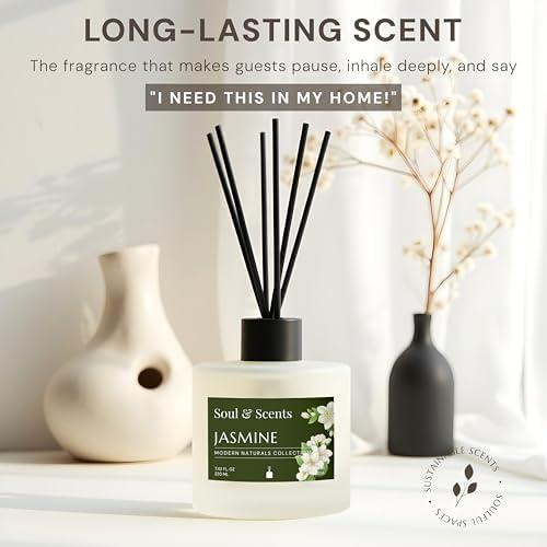 Soul & Scents Reed Diffuser Set – Jasmine | 7.43 oz Refillable Scented Oil with 6 Fiber Sticks | Long-Lasting Home Fragrance & Air Freshener for Bedroom, Bathroom, Office | Gift & Décor Piece