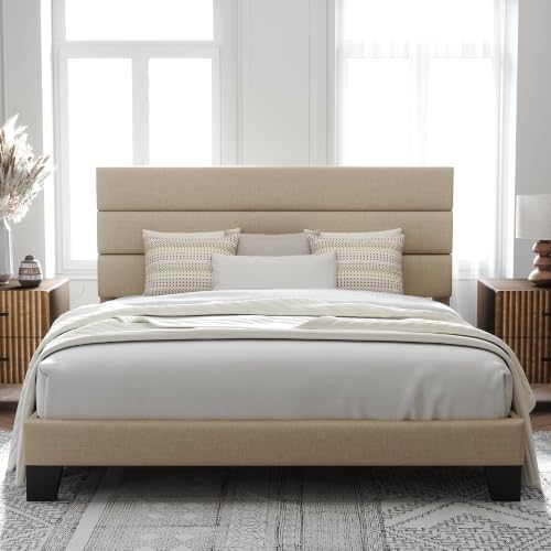 Allewie Cal King Size Platform Bed Frame with Fabric Upholstered Headboard