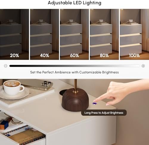 homary LED Smart Nightstand Set of 2 with Wireless Charging, USB & Type-C Ports – Modern White Bedside Table with Storage and Adjustable Light, Bedroom Night Stand with 3-Drawer