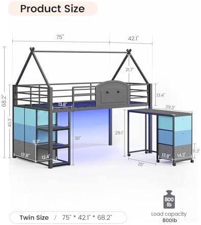 Twin Loft Bed with Desk and Storage for Kids, Metal Low Loft Bed Twin with 9 Drawers, 3-Tier Shelves, Led Lights, Safety Guardrail, No Box Spring Needed,Grey