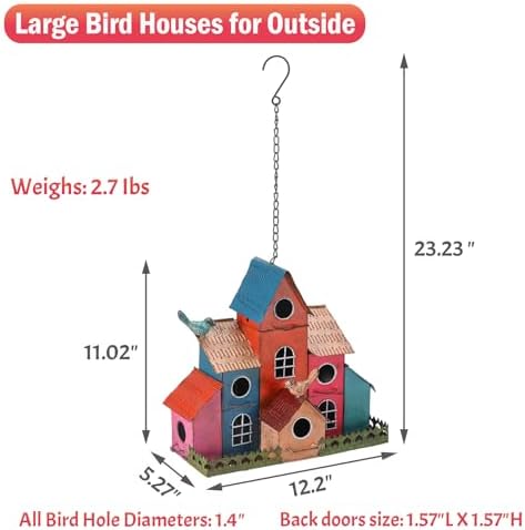 Large Bird House for Outside Hanging, Colorful Birdhouse with 6-Compartment