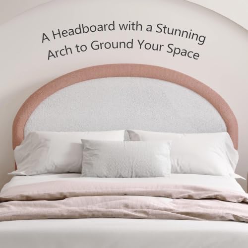 REVOMINCA Upholstered Platform Bed Frame, Boucle Queen Bed Frame with Headboard, White Bed Frame, Soft Rounded Corners, No Box Spring Required, Easy Assembly, Dusty Rose&White