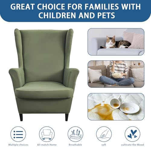 Wingback Chair Slipcovers 2 Piece,Green Wing Chair Slipcovers,Stretch Spandex Wingback Chair Covers for Living Room Armchair,Washalbe Sofa Slipovers