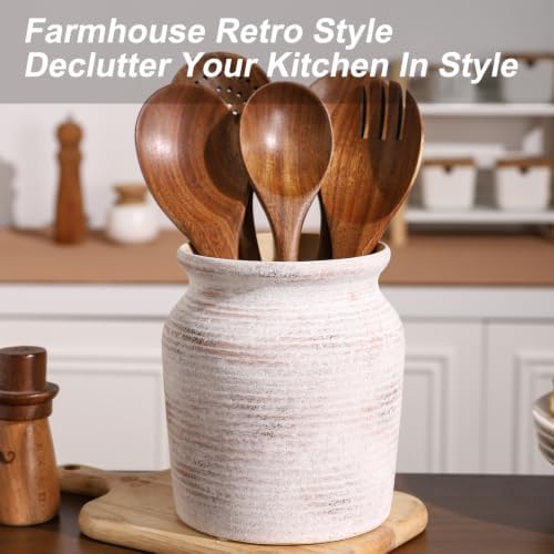 Ceramic Farmhouse Kitchen Utensil Holder for Countertop, Rustic Cooking Utensil Holder Crock Fit for Kitchen Counter.