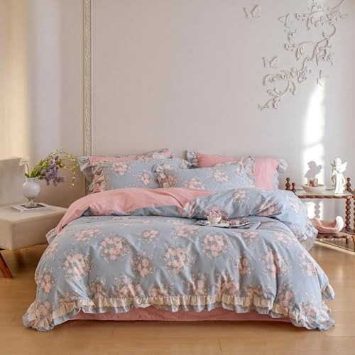 Pink Floral Queen Duvet Cover Blue 100% Cotton Queen Comforter Cover Lace Trim Ruffle Soft Chic Duvet Cover Set with Hidden Zipper Boho Girls Bedding Set French Country Duvet Protector