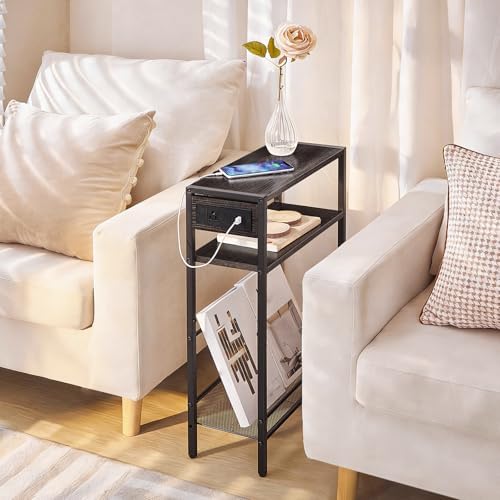 HOOBRO Small Narrow Side Table with Charging Station, Skinny End Table for Small Spaces, Slim Nightstand with USB Ports Outlet, Sofa Beside Table with Storage Shelf, Charcoal Black BC102UBZ01