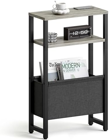 Narrow Side Table, Slim End Table with Magazine Rack, Skinny Bedside Table for Small Spaces, 3 Tier Sofa Couch Table Nightstand for Living Room, Bedroom,Oak Grey LET503Q