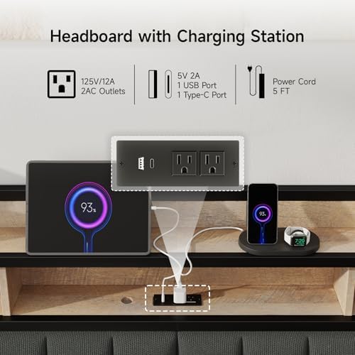 King Headboard Only with Storage, Charging Station, Black & Brown