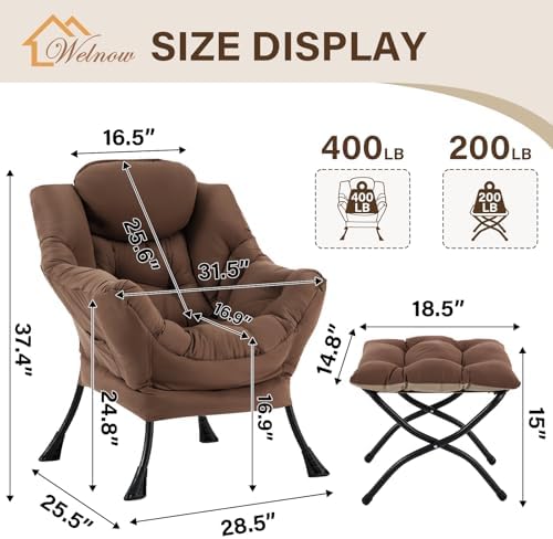 Welnow Lazy Chair with Ottoman, Reading Chair with Footrest,Dark Brown