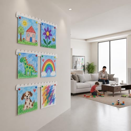 Scalloped Magnetic Art Display for Kids Artwork & Photos (Set of 3) – Kids Artwork Display for Wall – Magnetic Photo Display Strips with Push-Pin Magnets (White, 23in (3 Pack))