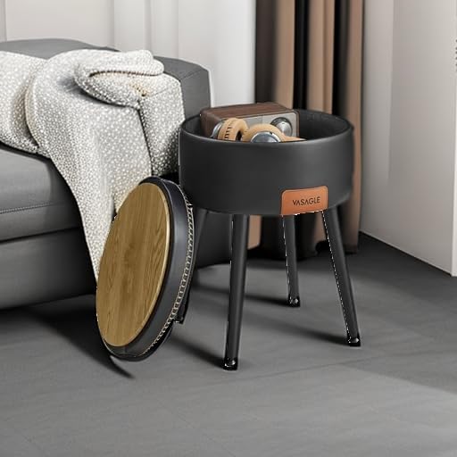 VASAGLE Storage Ottoman, PU Leather Round Seat with Steel Legs