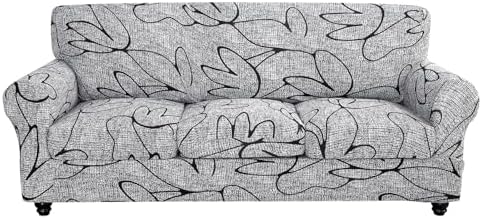 SearchI Stretch Sofa Cover Printed Couch Cover, Floral Pattern 4 Pieces Sofa Slipcover with 3 Separate Cushion Cover, Washable Furniture Protector for Living Room(Sofa, Grey Lotus+White)