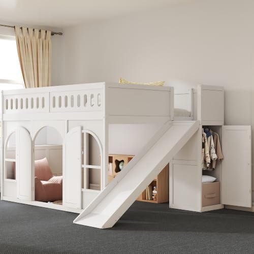 LUMISOL Full Size Wood Loft Bed with Slide and Storage Staircase, Solid Wood Playhouse Loft Bed with Wardrobe and Window, White