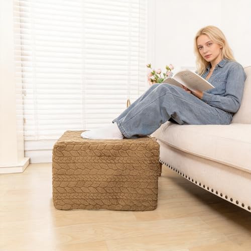 Poofieotto Fluffy Square Pouf Ottoman,Couch Foot Rest, Coffee, 20x20x14 in
