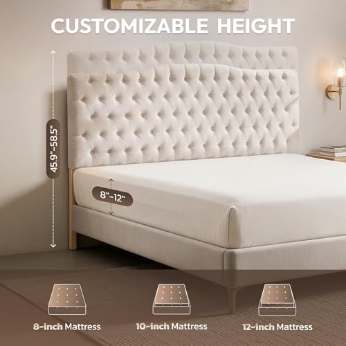 Iroomy Upholstered King Headboard, Button Tufted Headboard with Adjustable Height and Solid Wood Leg, Linen Padded Headboards for King Size Bed, Modern Head Board, High King Beige