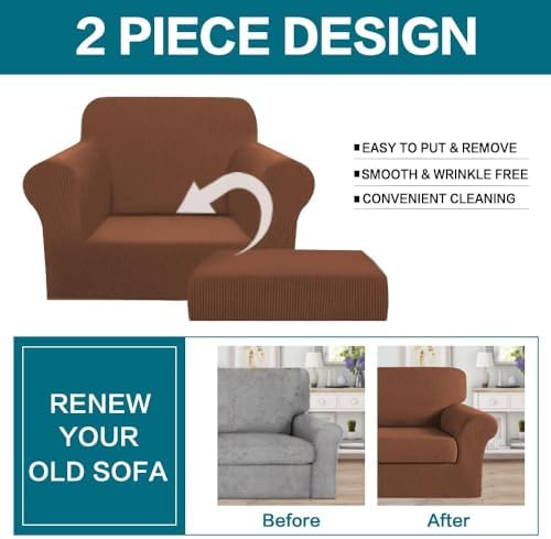 Turquoize 2 Piece Chair Covers Chair Slipcovers for Living Room Small Armchair Chair Cover with Arms Washable Furniture Cover for Chairs Feature Thick Jacquard Fabric (Small Armchair, Caramel)