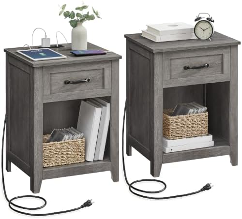 VASAGLE Farmhouse Nightstands with Charging Station, 1 Drawer, Set of 2