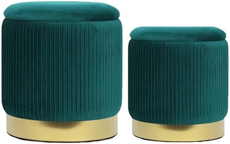 YYW HOME Round Ottoman with Storage, Green Velvet, Set of 2