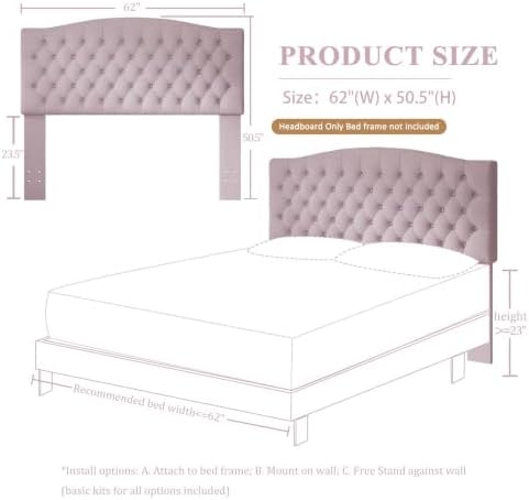 Furpopup Velvet Queen Size Headboard Only, Upholstered Wall Mount, Pink