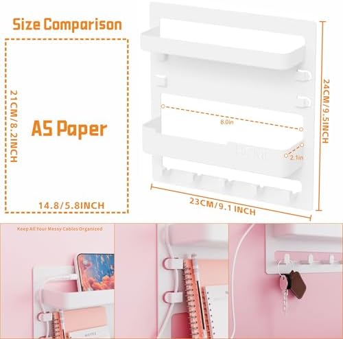 Yieach Bedside Wall Organizer for Dorm Bed,Rv,Small Room and Nightstand,Wall Mounted Floating Shelves and Bedside Shelf for Remote,Phone Holder,Charging Shelf,Cute Bedroom Decor for College Girl,White