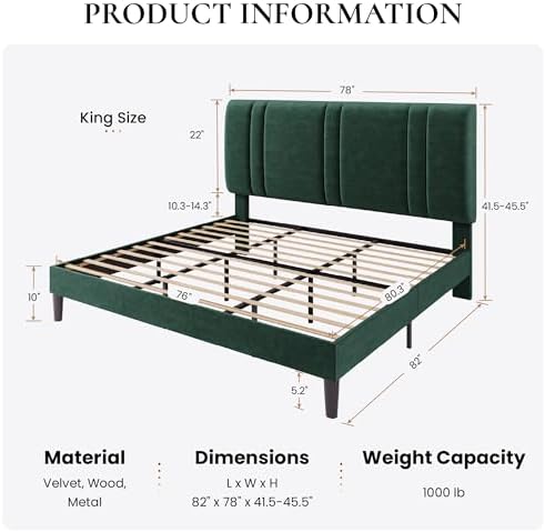 SHA CERLIN King Size Velvet Bed Frame with Adjustable Headboard, Green