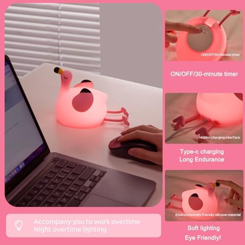 Flamingo Night Light for Kids, Pink Silicone Squishy Dimmable Nursery Lamp