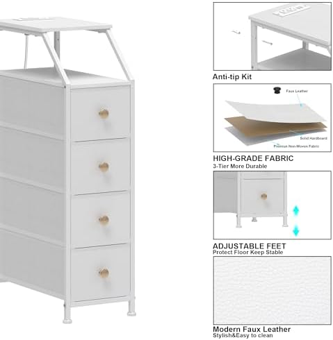 Tohomeor Narrow Dresser Tall Skinny Storage Tower Vertical Slim Chest of Drawers with Charging Station Small Nightstand Side Table for Bedroom, Bathroom, Small Spaces (White, 4 Drawers)