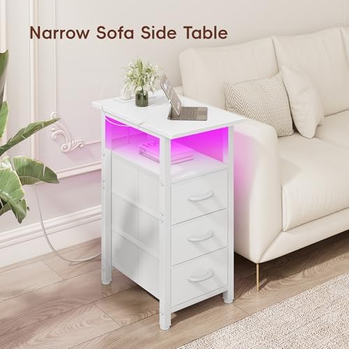 Vagusicc White Nightstand with Charging Station and LED Lights, Narrow End Table, LED Nightstand with 3 Fabric Drawers for Bedroom, Small Bedside Table, Narrow Side Table for Small Spaces, White