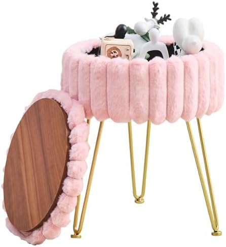 Wimarsbon Vanity Stool with Storage, Faux Fur Ottoman Chair with Metal Legs