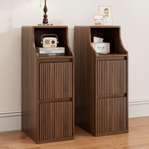 Fluted Narrow Nightstand Set of 2, Mid Century Modern Small Bedside Table with 2 Drawers, Wooden Skinny Vintage Side Table, Night Stand, Slim End Table for Bedroom, Walnut, Brown