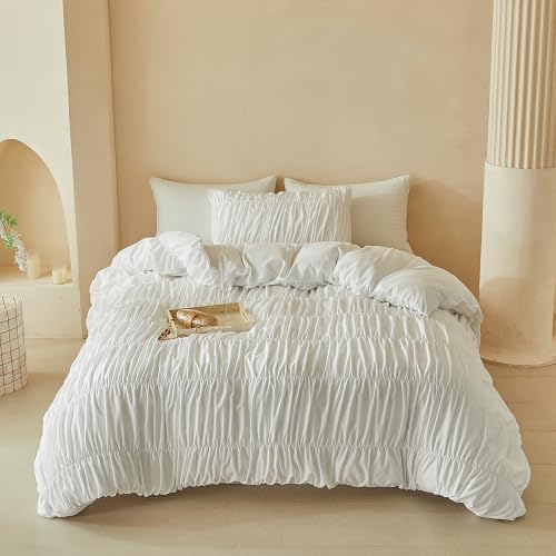 AOJIM White Ruched Full Duvet Cover 3Pcs French Chic Bedding for Bedroom