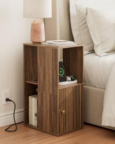 Narrow End Table, 27.6" Nightstand with Charging Station, Walnut