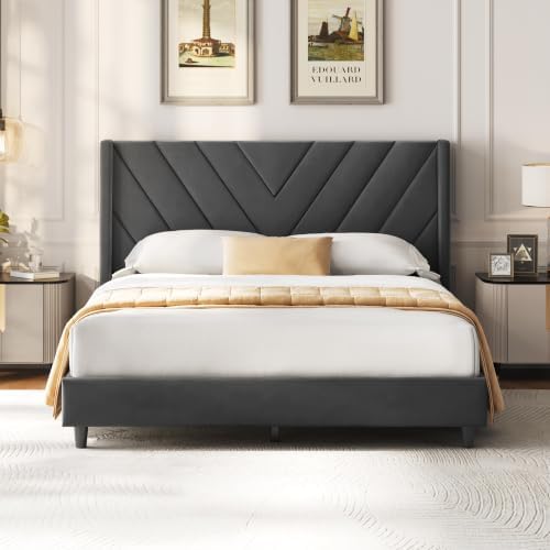 Yaheetech Queen Bed Frame with Chevron Channel-Tufted Headboard, Deep Gray