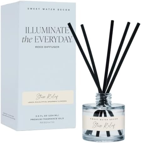 Sweet Water Decor Stress Relief Reed Diffuser Set, Blue Tinted Glass Jar