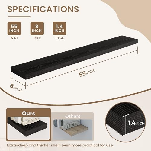 Dreamland 55 Inches Wall Mounted Wood Floating Shelves, Black, 2 Pack
