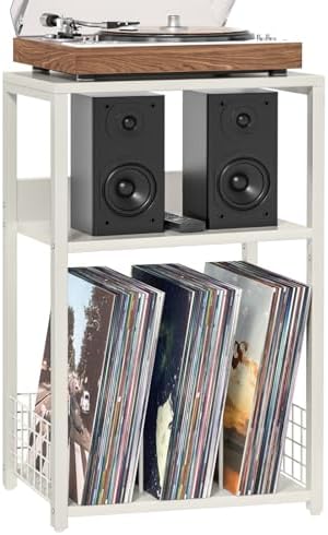 LELELINKY Large White Record Player Stand, 3 Tier 18" Wide Big End Table with Vinyl Storage Up to 130 Albums, Industrial Turntable Printer Tables, Modern Side Tables for Living Room, Bedroom, Office