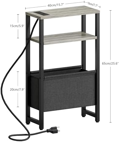 Narrow Side Table with Charging Station Slim End Table Sofa with Magazine Rack, Bedside Table for Small Spaces, 3 Tier Nightstand for Living Room Couch, Bedroom Oak Grey LET503QE