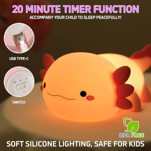 Cute Axolotl Night Light, Squishy Silicone Axolotl LED Night Lamp, Novelty Nursery Nightlight for Kids, Rechargeable Animal Touch Lamp Bedside Lamp 2 Levels Dimmable Room Decor Gifts for Girl Boy Baby