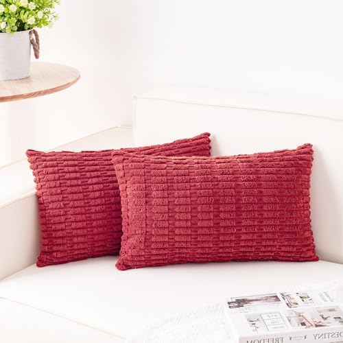Pack of 2 Corduroy Decorative Throw Pillow Covers 12x24 Inch, Cranberry Red